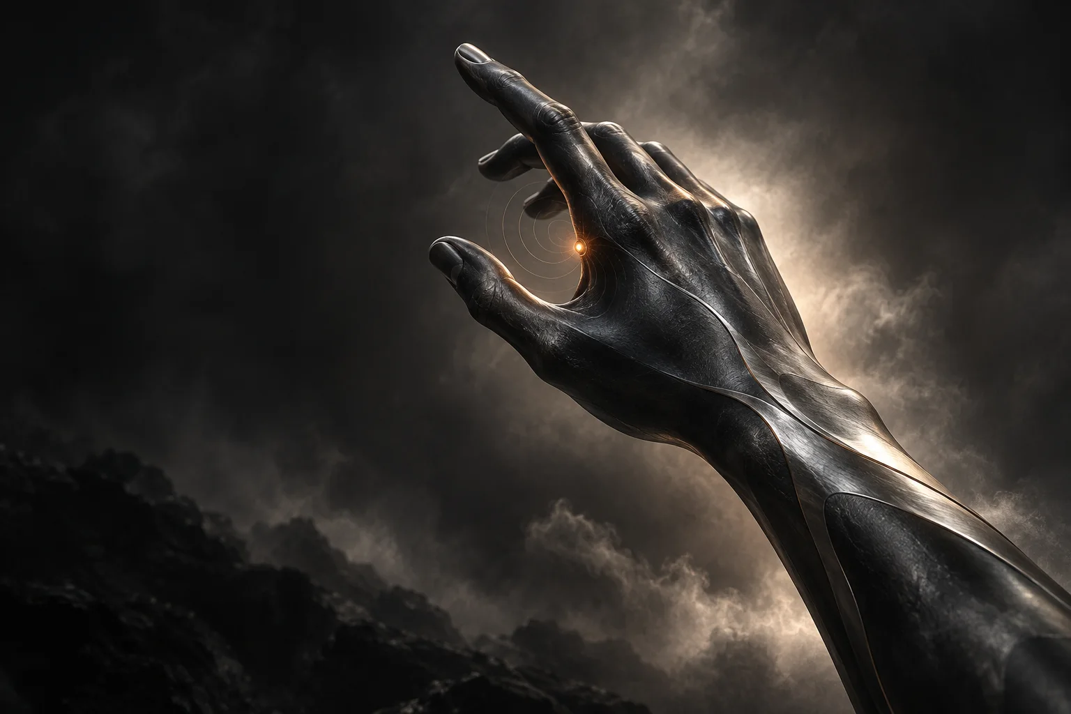 Sculptural metallic hand with a warm point of light, an artistic interpretation of the connection between human and technology.